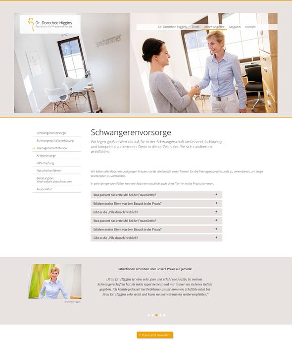 Webdesign für Ärzte, Referenz Dr. Higgins, Schwangerenvorsorge