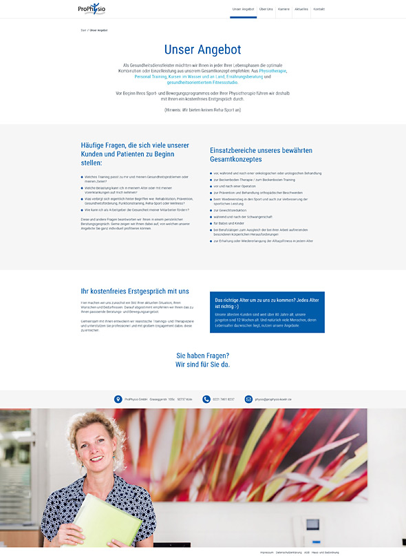 Webdesign für die ProPhysio GmbH in Köln, Seite Unser Angebot