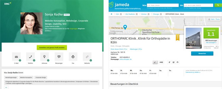 Xing-Profil Sonja Radke, jameda-Profil ORTHOPARC Klinik